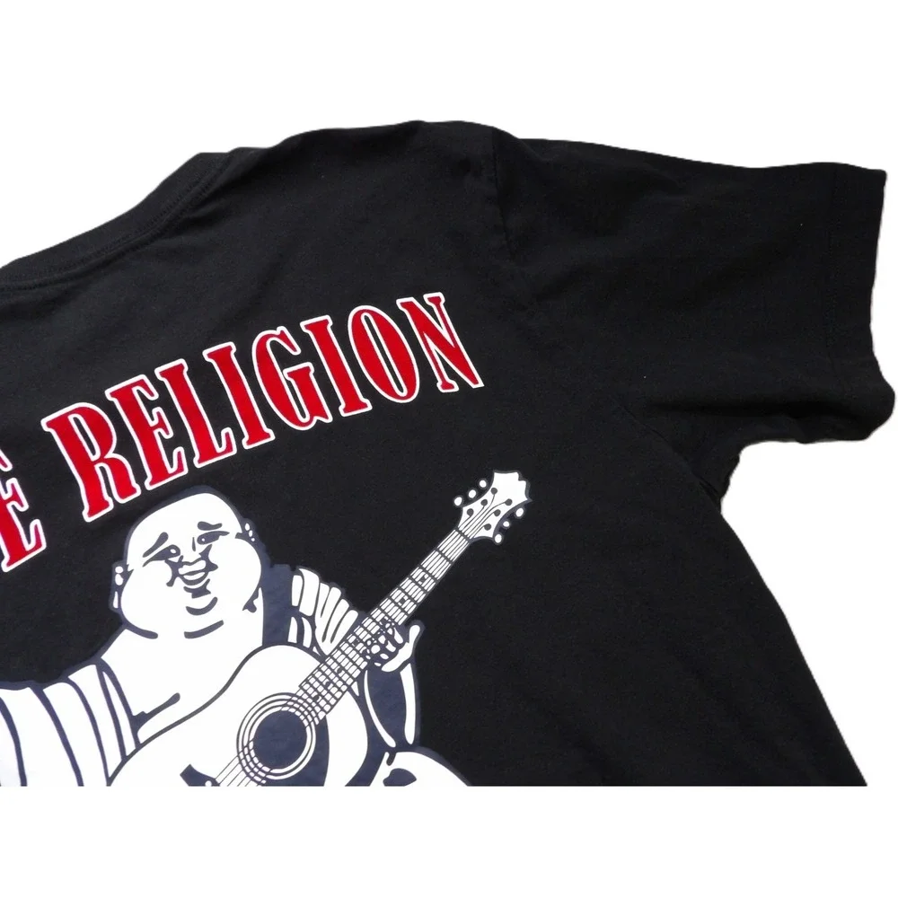 True Religion Buddha Guitar Logo Graphic Tee Men M Black Red Cotton Streetwear